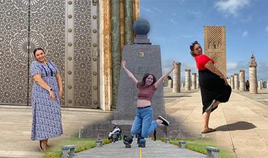 BSU students pose in front of landmarks in Morocco and Ecuador.